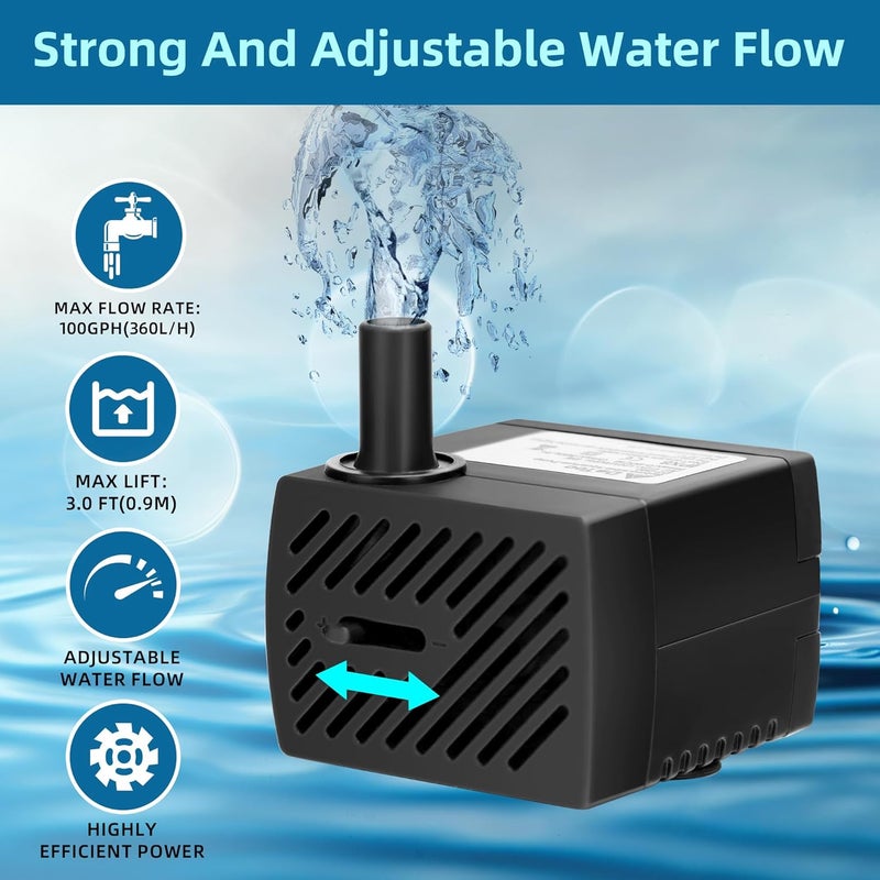 DATOO Mini Submersible Fountain Water Pump With LED Light 95GPH 5W Small Ultra Quiet Water Pump With Tubing For Aquarium Fish Tank Outdoor Pond Water Feature Fountain Statuary - Image 2